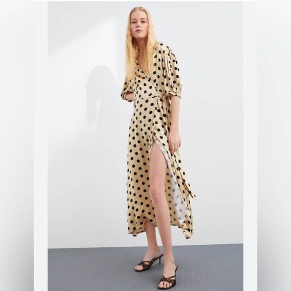 Zara Blogger Fave Gold Polka Dot satin Wrap Midi Dress  Small S Fall Minimalist - Picture 13 of 14